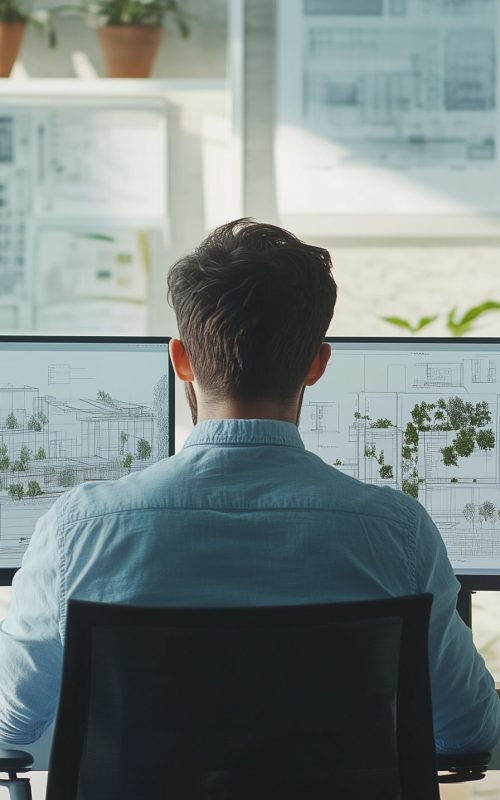 architect working on computer with CAD software in modern office, architect using CAD software on computer in modern office